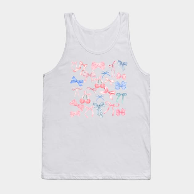 Preppy Girly Cherry Pastel Blue Pink Bow Coquette Tank Top by Tina